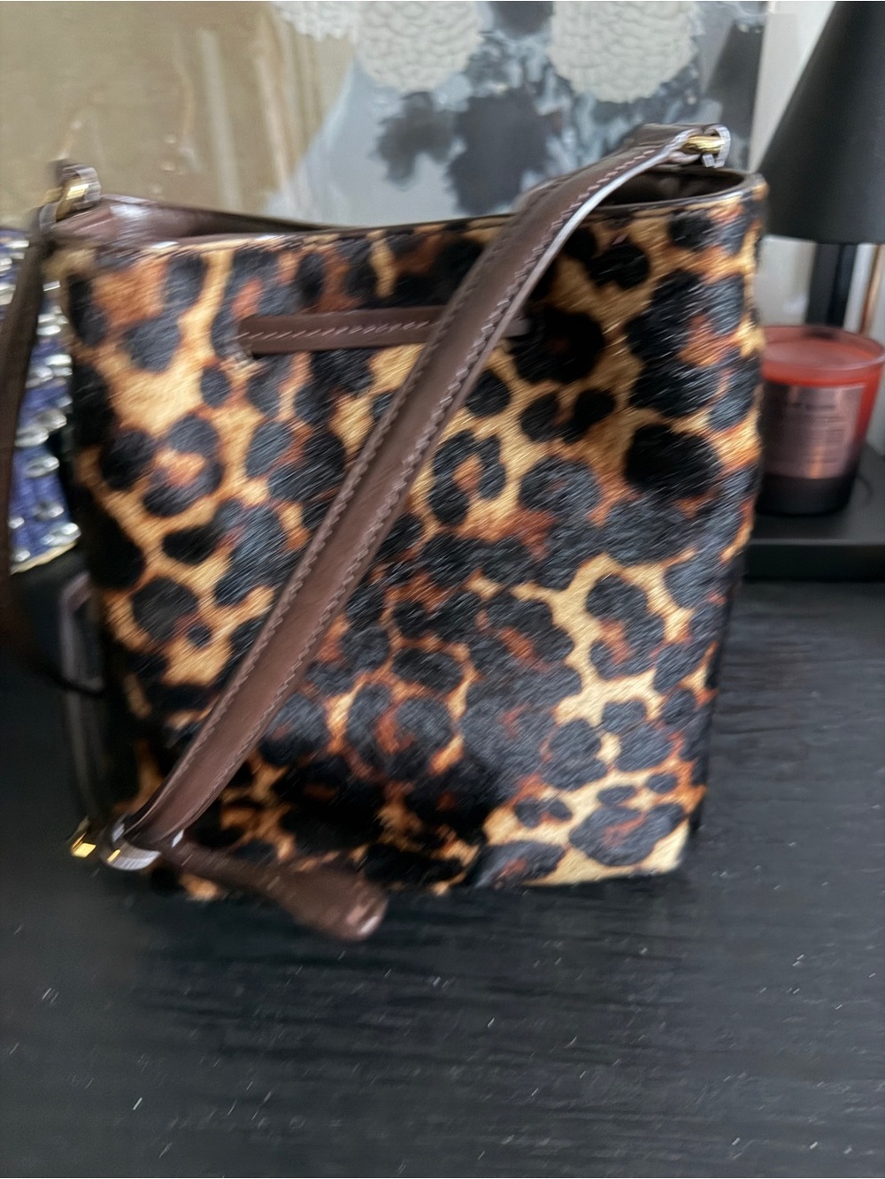 Ralph Lauren Leopard Debby Drawstring Bag Brown Black Gold Hardware - Picture 3 of 10